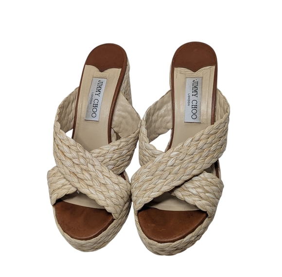 Jimmy Choo Dovina 100 Raffia Wedge JC Logo Sandal Size EU 39 - Picture 3 of 8